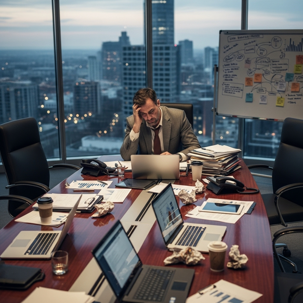 Executive in a meeting room looking at a laptop